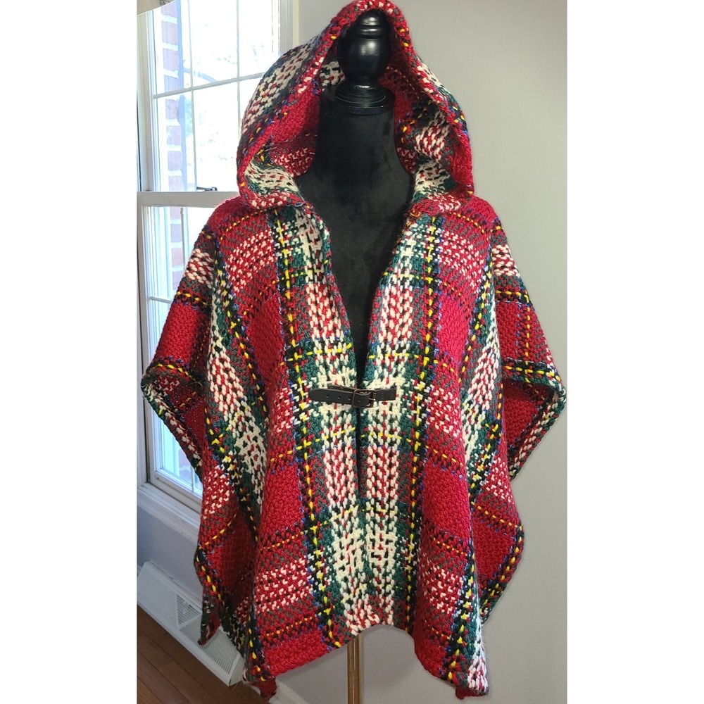 JOHN BRANIGAN WEAVERS MADE IN IRELAND PONCHO SWEATER HOODED TARTAN PLAID OSFA